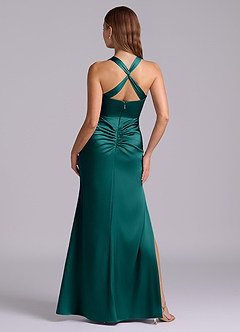 Azazie Amelie Abiti da Damigella Abito A-Line in Raso Elasticizzato Plissettato Verde Pavone image7