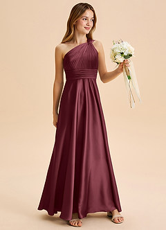 Azazie Charlize Junior Robe Trapèze en Satin extensible Plissée Merlot image3