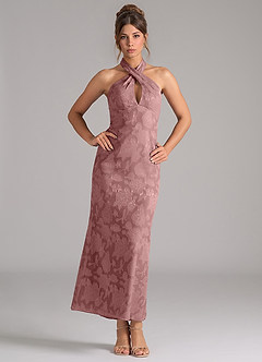 Azazie Marlissa Bridesmaid Dresses Dusty Rose Sheath Pleated Floral Burnout Dress image1