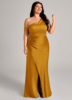 Azazie Madelyn Bridesmaid Dresses Butterscotch Mermaid One Shoulder Stretch Satin Convertible Dress image13