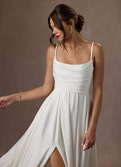 Azazie Caymus Wedding Dresses Diamond White A-Line Scoop Pleated Crepe Back Satin Dress image6
