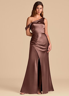 Azazie Madelyn Final Sale Espresso Mermaid Off the Shoulder Metallic Satin Convertible Dress image5