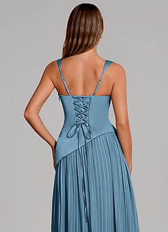 Azazie Stephanie Robes de demoiselle d'honneur Robe Trapèze en Satin extensible Plissée Acier Bleuté image2