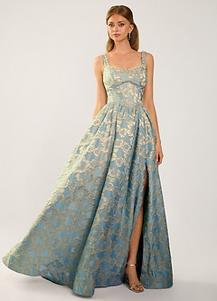 Cimaya Lake Blue Square-Neck Jacquard Prom Dress image5