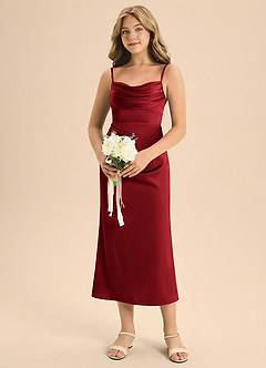 Azazie Mai Junior Osłona Pofałdowany Satyna elastyczna Długość herbaty Młodsza druhna Sukienka image4