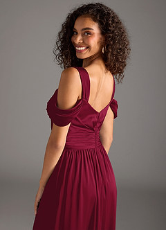Azazie Lianne Robes de demoiselle d'honneur Robe Trapèze en Satin extensible Épaule décolletée Bourgogne image4