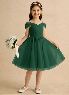 Azazie Lila Girls Formal Robe Demoiselle D'honneur Fillette Robe Trapèze en Tulle Épaule décolletée Vert Foncé image4