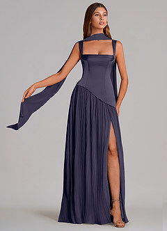Azazie Stephanie Abiti da Damigella Abito A-Line in Raso Elasticizzato Plissettato Stormy image1