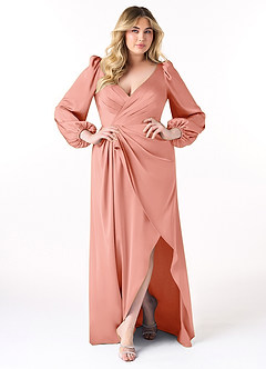 Azazie Mel Bridesmaid Dresses Coral Sheath Long Sleeve Stretch Satin Dress image7