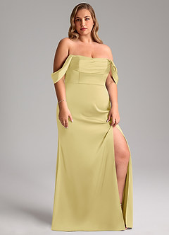 Azazie Saige Bridesmaid Dresses Lemon Sorbet Sheath Off the Shoulder Stretch Satin Dress image13