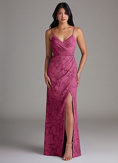 Azazie Maci Bridesmaid Dresses Mulberry Sheath Pleated Floral Burnout Dress image1