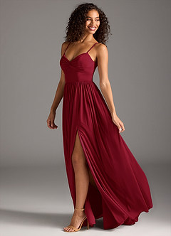Azazie Zeya At-home Try On Dresses Burgundy A-Line Pleated Mesh Dress image1