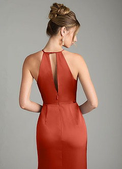 Azazie Aidyn Bridesmaid Dresses Rust Sheath Pleated Stretch Satin Dress image6