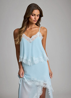 front Chiffon-Brautmorgenmantel/Nachthemd mit Spitzenbesatz, V-Ausschnitt, Seitenschlitz und langem Unterkleid