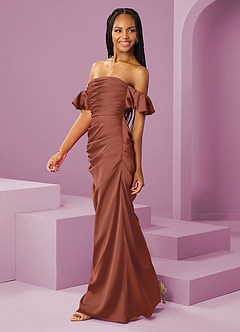 Barbie ♥ Azazie Bridesmaid Dresses Auburn Sheath Off the Shoulder Stretch Satin Convertible Dress image4