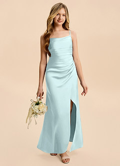Azazie Minnie Junior Sea Glass A-Line Ruched Stretch Satin Dress image5