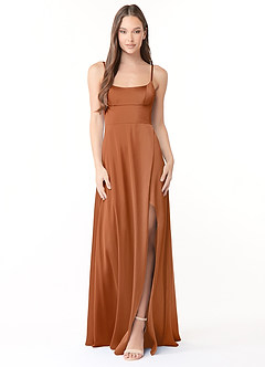 Azazie Halsey Robes de demoiselle d'honneur Robe Fourreau en Satin extensible Fente Latérale Cuivre image1