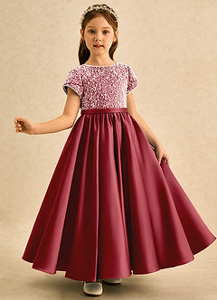 Azazie Cashew Flower Girl Dresses Pomegranate Ball-Gown with Sleeves Matte Satin Dress image4