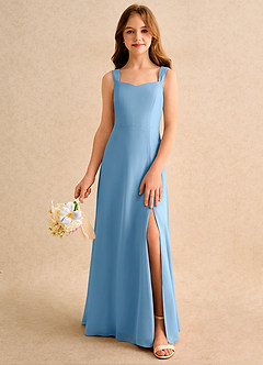 Azazie Makani Girls Formal Robe Demoiselle D'honneur Fillette Robe Trapèze en Mousseline de soie Encolure en Forme de Cœur Acier Bleuté image3