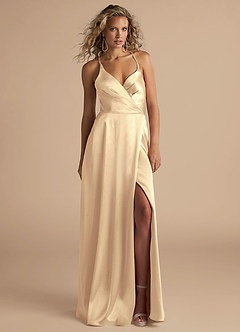 Azazie Davis Bridesmaid Dresses Gold A-Line Pleated Metallic Satin Dress image2