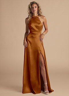 Azazie Clarice Robes de demoiselle d'honneur Robe Trapèze en Satiné métallisé Col Haut Cuivre image4