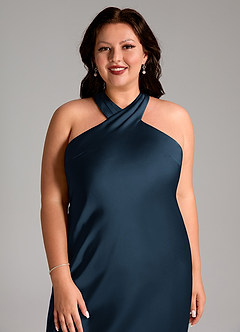 Azazie Doretta Brudtärnklänningar Klänning av Sjöjungfru i Stretch Satin Plisserad Mörk Marinblå image12