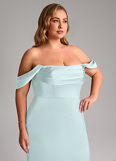 Azazie Saige Bridesmaid Dresses Sea Glass Sheath Off the Shoulder Stretch Satin Dress image14