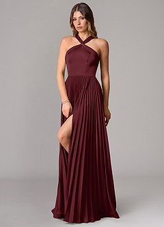 Azazie Afra Bridesmaid Dresses Cabernet A-Line Pleated Stretch Satin Dress image4
