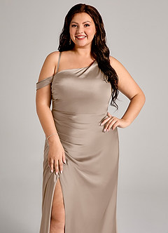 Azazie Madelyn Bridesmaid Dresses Taupe Mermaid One Shoulder Stretch Satin Convertible Dress image10