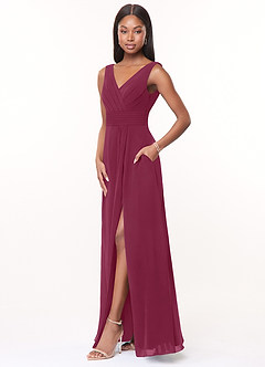 Azazie Karina At-home Try On Dresses Mulberry A-Line Pleated Chiffon Dress image3