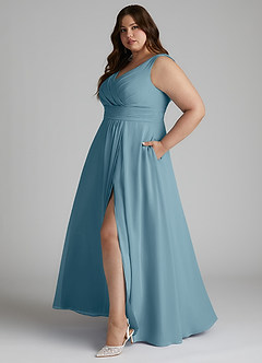 Azazie Karina Bridesmaid Dresses Moody Blue A-Line Pleated Chiffon Dress image8
