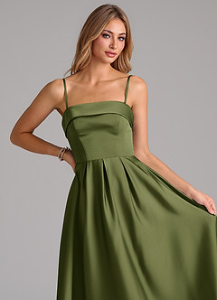 Azazie Lucienne Bridesmaid Dresses Olive A-Line Pleated Stretch Satin Dress image2