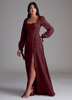Azazie Leonia Bridesmaid Dresses Cabernet A-Line Long Sleeve Floral Burnout Dress image2