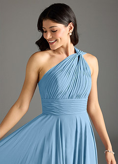 Azazie Charlize Vestidos de damas de honor Vestido de Azul Acero de Gasa de Corte en A con Hombro unilateral image5