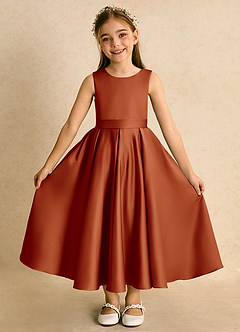 Azazie Junebuj Flower Girl Dresses Paprika Ball-Gown Pleated Matte Satin Dress image4