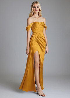 Azazie Amyra Bridesmaid Dresses Butterscotch Mermaid Off the Shoulder Stretch Satin Convertible Dress image5
