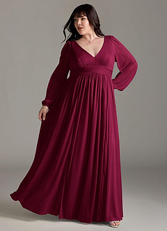 Azazie Norah Robes de demoiselle d'honneur Robe Trapèze en Mousseline de soie Col en V, manches longues Bourgogne image8