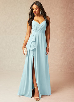 Azazie Kyedae Bridesmaid Dresses Sea Glass A-Line V-Neck Pleated Chiffon Dress image1