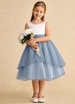Azazie Rene vestidos de niña de las flores Vestido de Marfil Azul Polvoriento de Tul de Corte En A con Lazo image3