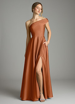 Azazie Melanie Bridesmaid Dresses Copper A-Line Off the Shoulder Stretch Satin Dress image1