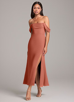 Azazie Saige Bridesmaid Dresses Clay Sheath Off the Shoulder Chiffon Convertible Dress image3