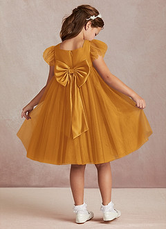 Azazie Kalio Robe Demoiselle D'honneur Fillette Robe Trapèze en Tulle avec manches Caramel écossais image1