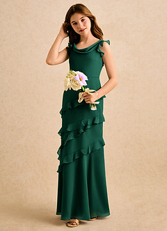 Azazie Aria Girls Formal vestidos de niña de las flores Vestido de Esmeralda de Gasa de Corte Sirena con Volante image5