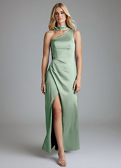 Azazie Adhara Final Sale Agave Sheath One Shoulder Stretch Satin Dress image5