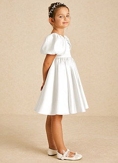 Azazie Muffin Flower Girl Dresses Ivory A-Line with Sleeves Matte Satin Dress image3