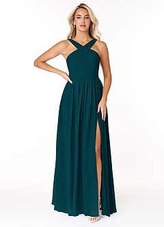 Azazie Elvira Bridesmaid Dresses Pine A-Line Pleated Chiffon Dress image1