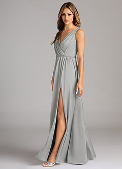 Azazie Tanicia Bridesmaid Dresses Silver A-Line Pleated Stretch Satin Dress image5