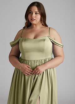 Azazie Morana Jurken voor bruidsmeisjes Converteerbaar Jurk van Stretch Satijn met A-Lijn Off the Shoulder Pistache image15