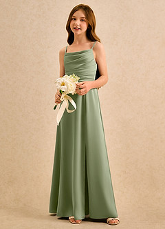 Azazie Chamomile Girls Formal Abiti da Ragazza di Fiori Abito A-Line in Raso Elasticizzato Plissettato Pistacchio image3
