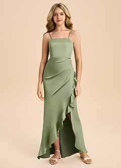 Azazie Buzzy Junior Pistachio Sheath Pleated Stretch Satin Dress image3